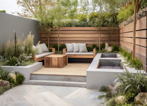 water feature and seating area with outdoor furniture in front of it, created with generative ai