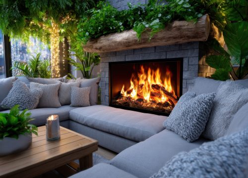 A warm and inviting lounge area features a modern fireplace and soft seating surrounded by plants and lights.