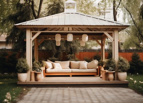 Wooden gazebo in the courtyard of a country house